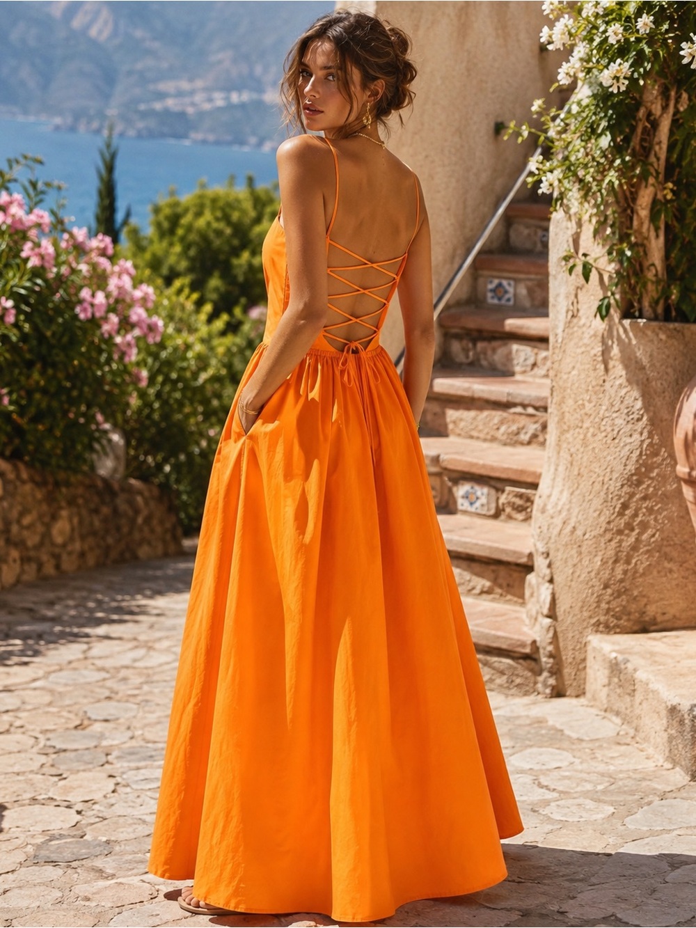 Susana Monaco Orange Lace Up Back Maxi Dress Corset Sundress